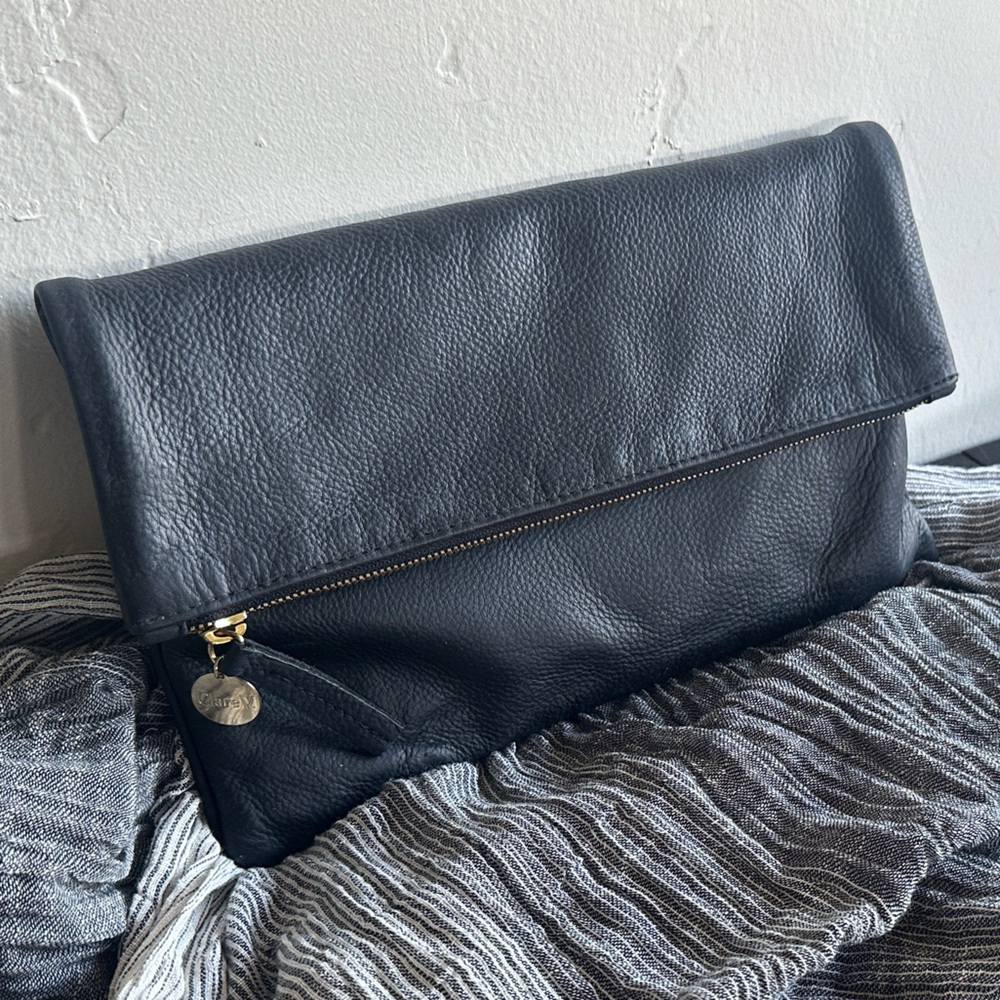 Clare V Navy Leather Foldover Clutch